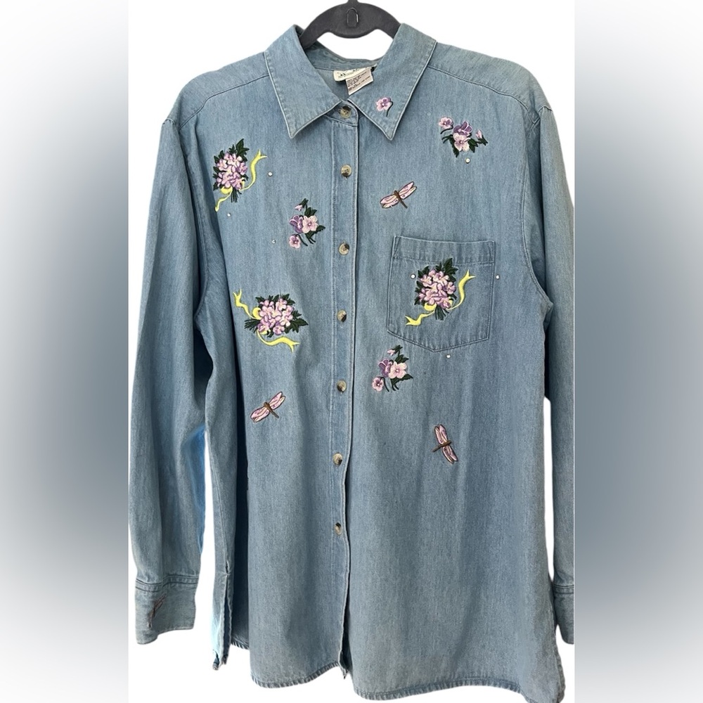 Quacker Factory Denim Shirt with Floral Embroidery